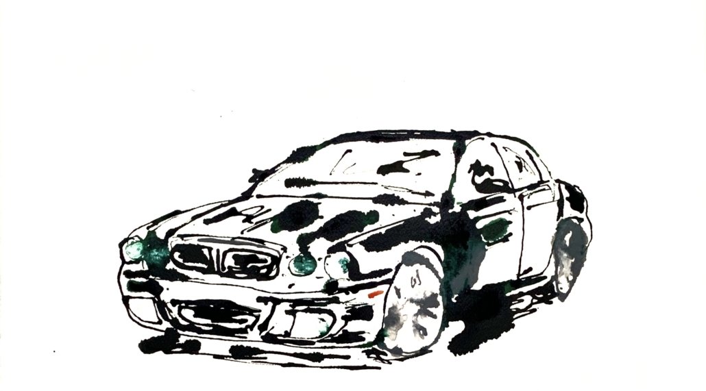 Auto Jaguar XJ, schilderij acryl op papier