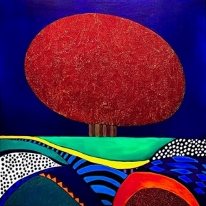 Abstract schilderij waarop een rode beuk te zien is. De aarde kent een aantal diepen kleuren en verschillende vormen.