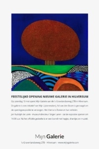 Uitnodiging voor de opening van Mijn Galerie in Hilversum met daarop een geschilderde boom door Ad van den Boom